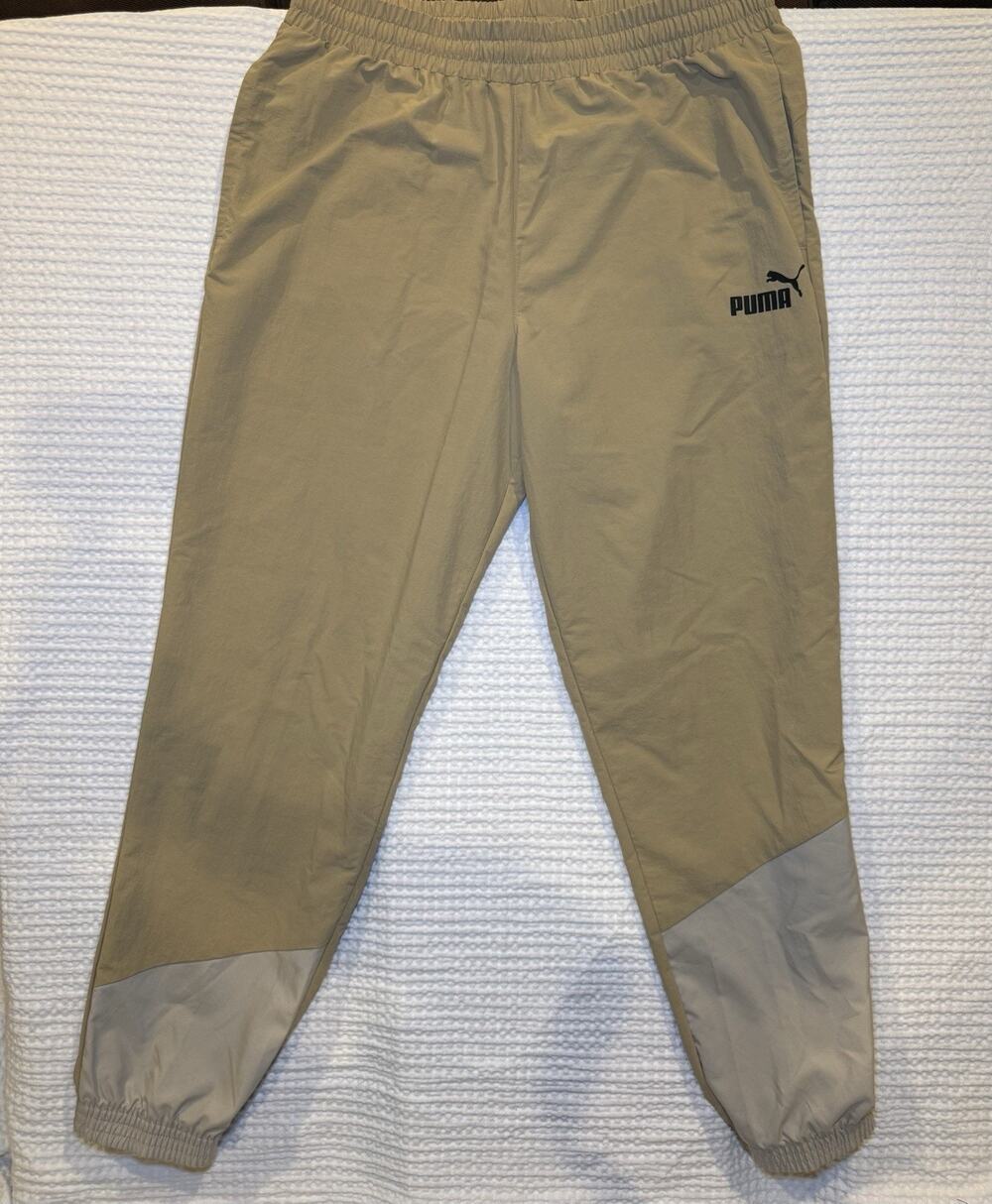Puma Men’s Large Tan Khaki Woven Jogger Track Pants Gray Colorblock Athletic